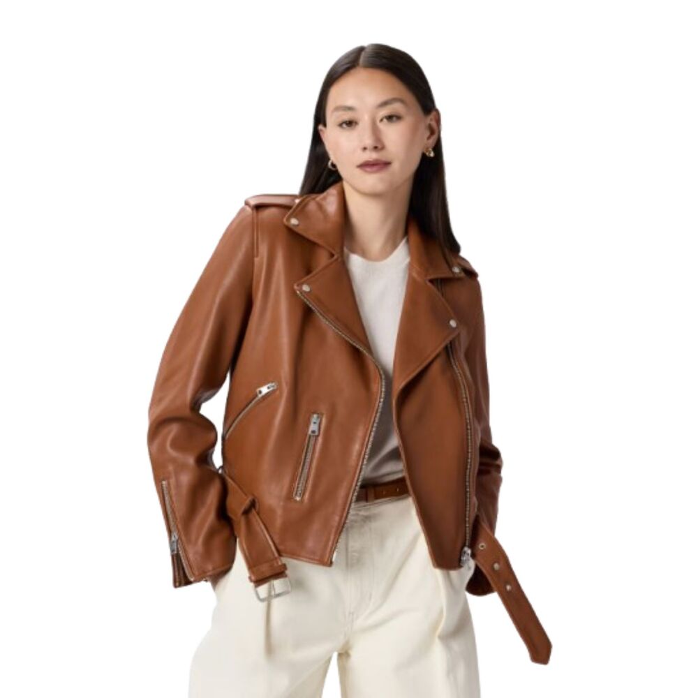 Quince 100% Leather Motorcycle Jacket Cognac Brown NWOT Large
